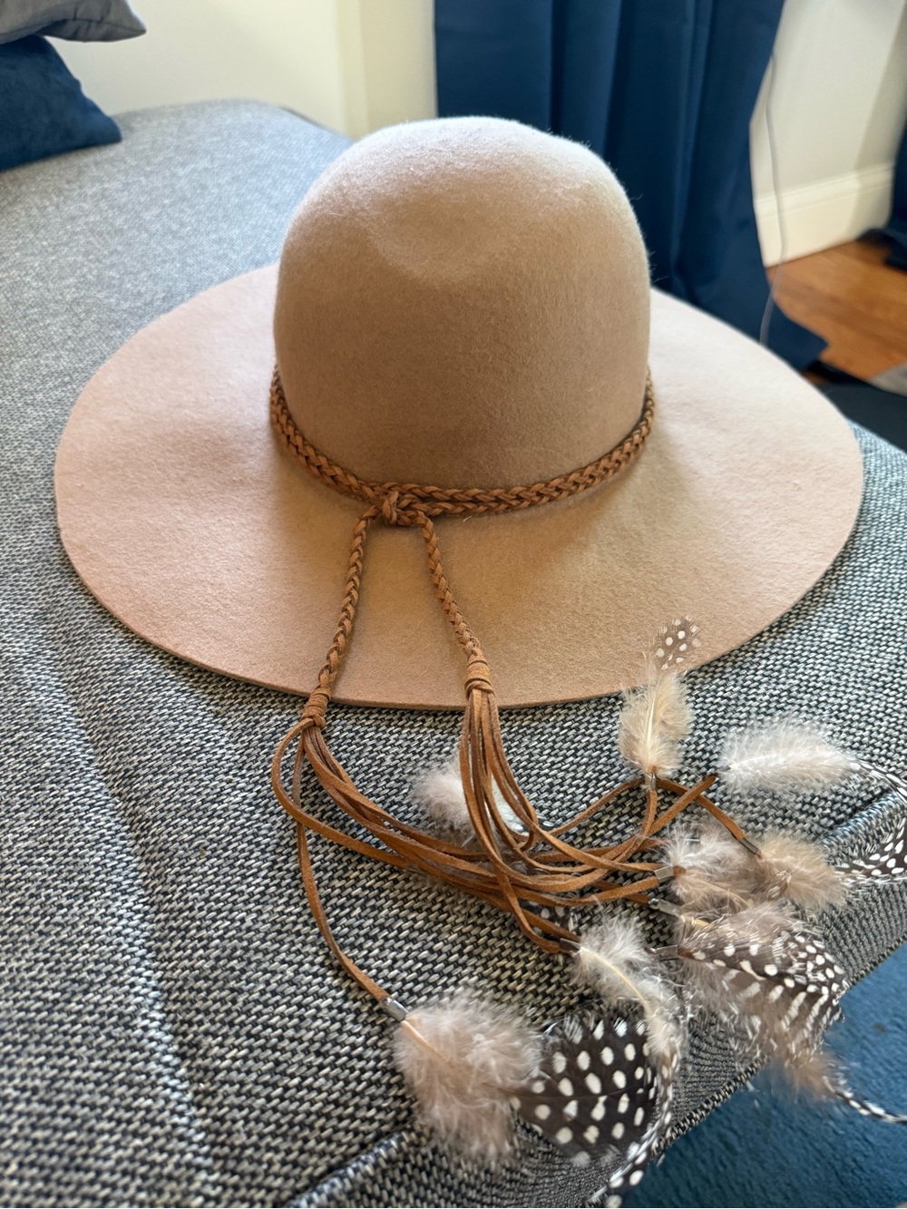 Aldo Tan Wide-Brim Felt Hat with Braided Band & Feather Tassels